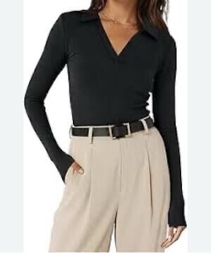 NWT Meetrendi Polo V-Neck Long Sleeve Fitted Top Shirt Black Women's SMALL